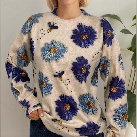 SHEIN Sweaters - Shein NWOT Beige‎ Floral Embroidered Knit Crew Neck Pullover Sweater Size 0XL